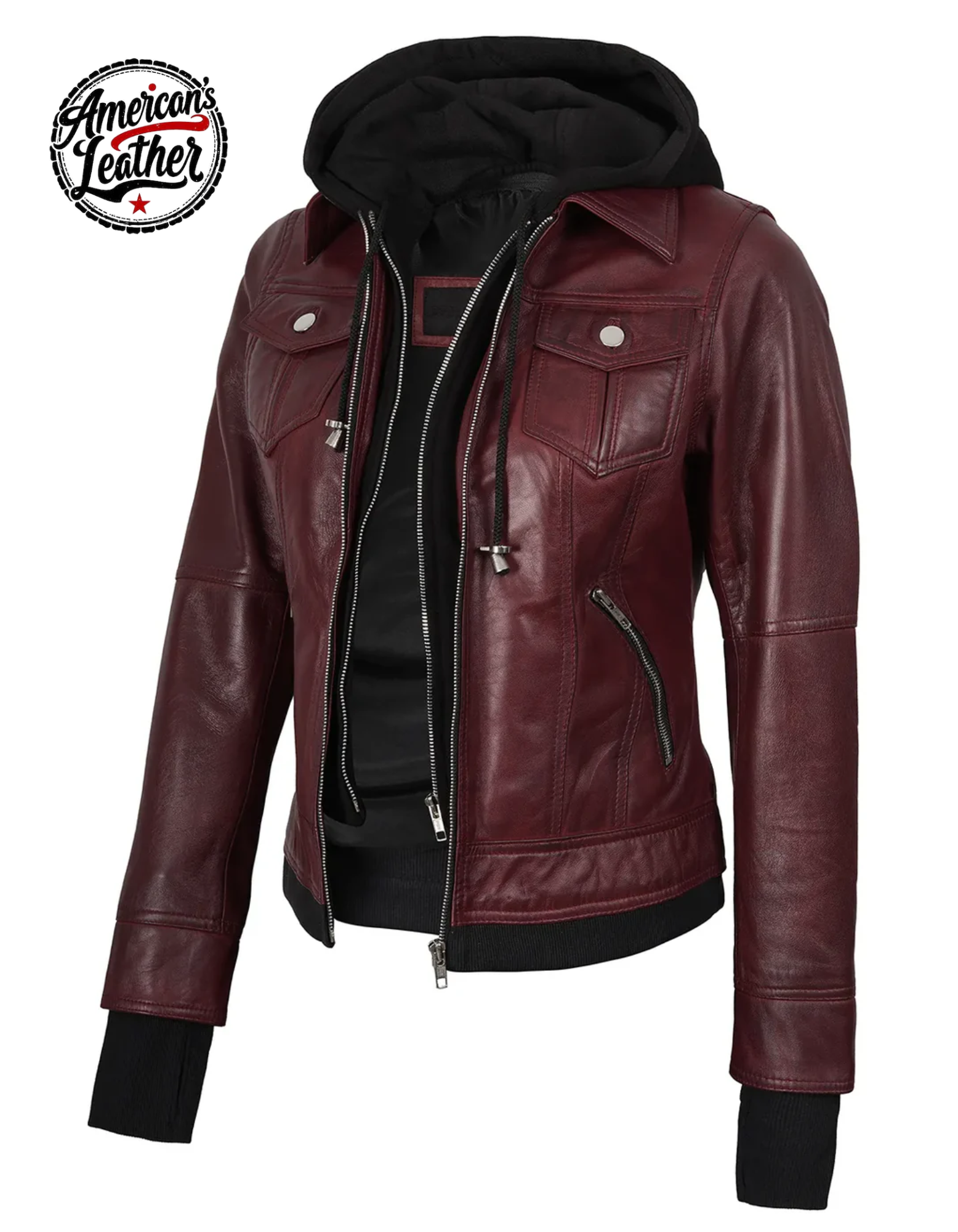 Real Leather Women's Bomber Burgundy Jacket with Hood