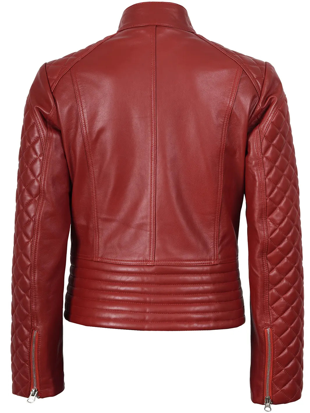 Womens Red Quilted Cafe Racer Leather Jacket