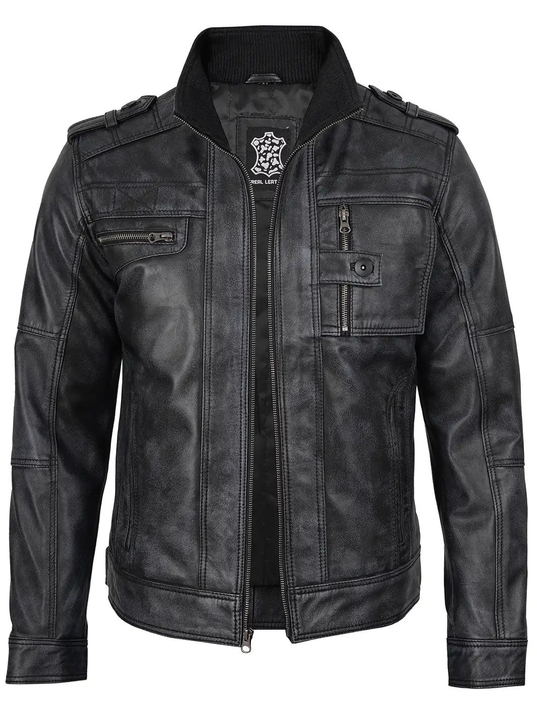 Tavares Mens Distressed Black Leather Biker Style Jacket