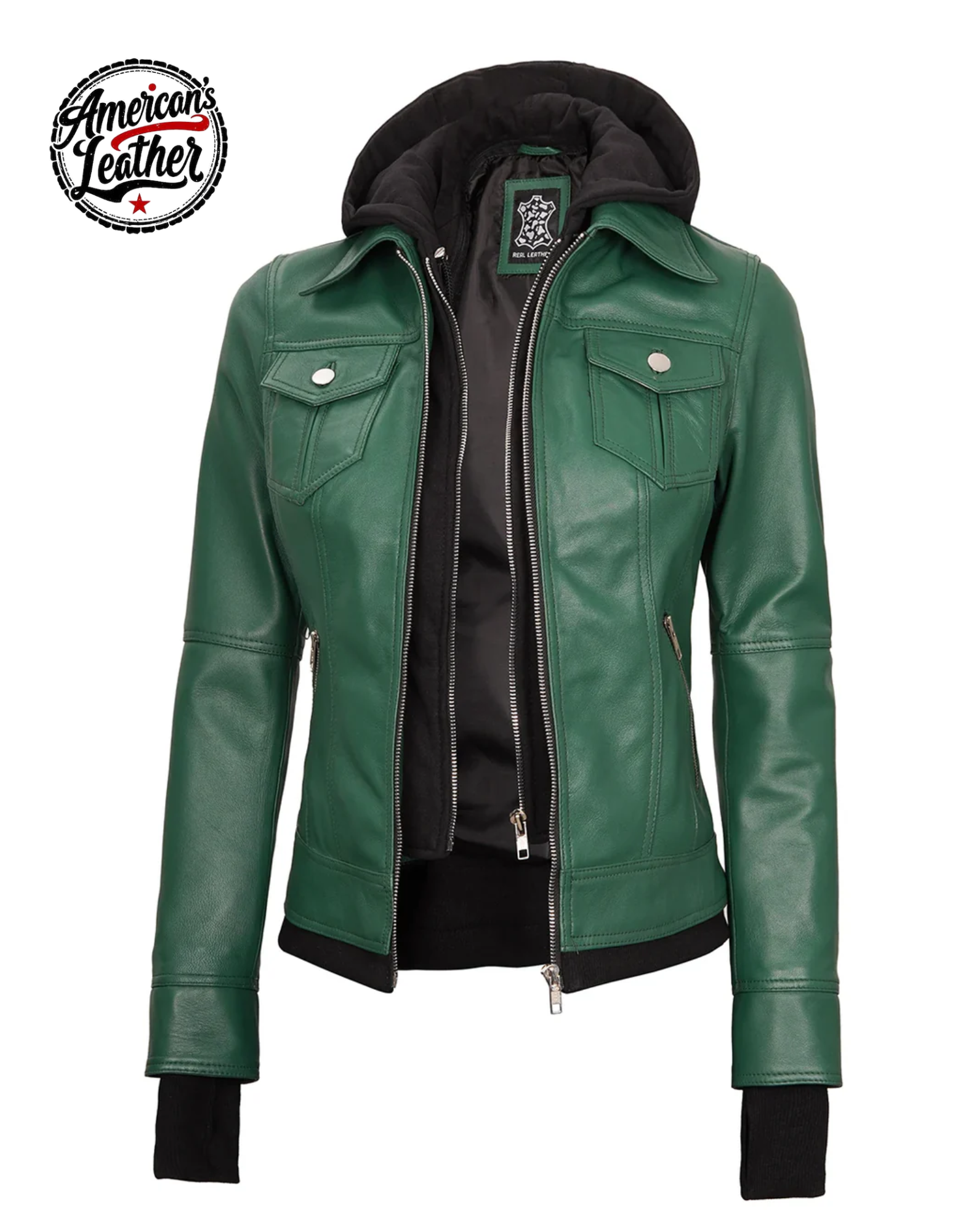 Tralee Women's Green Real Leather Jacket with Hood