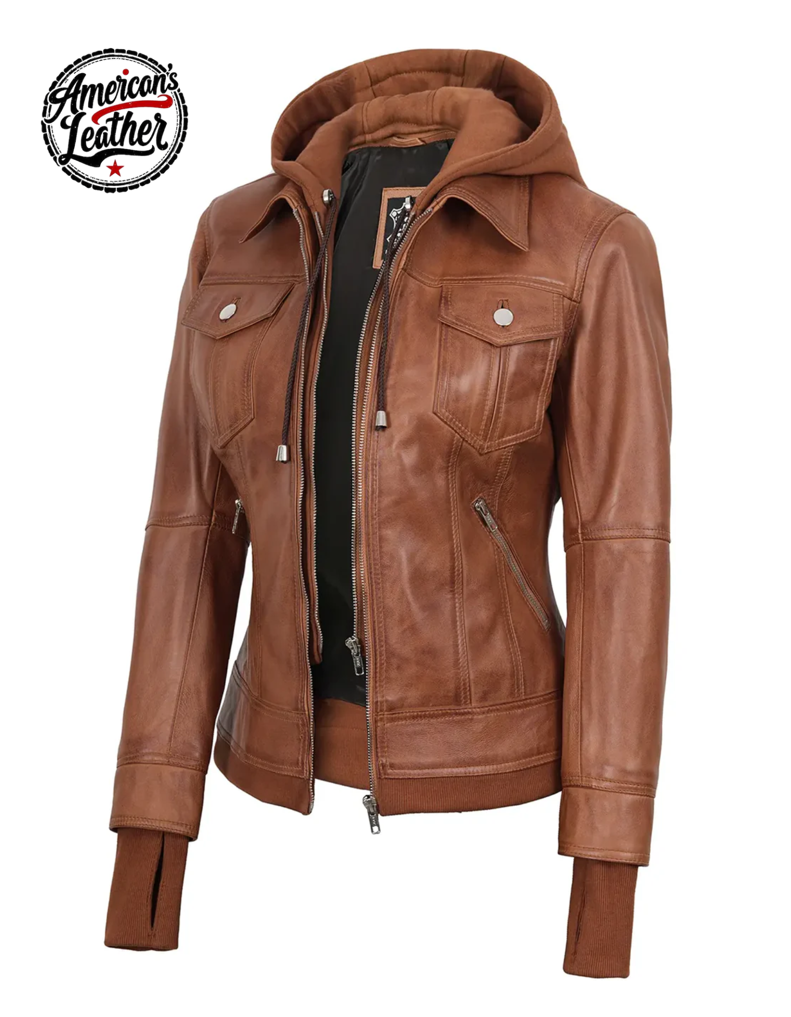 Tralee Womens Tan Wax Bomber Leather Jacket With Removable Hood