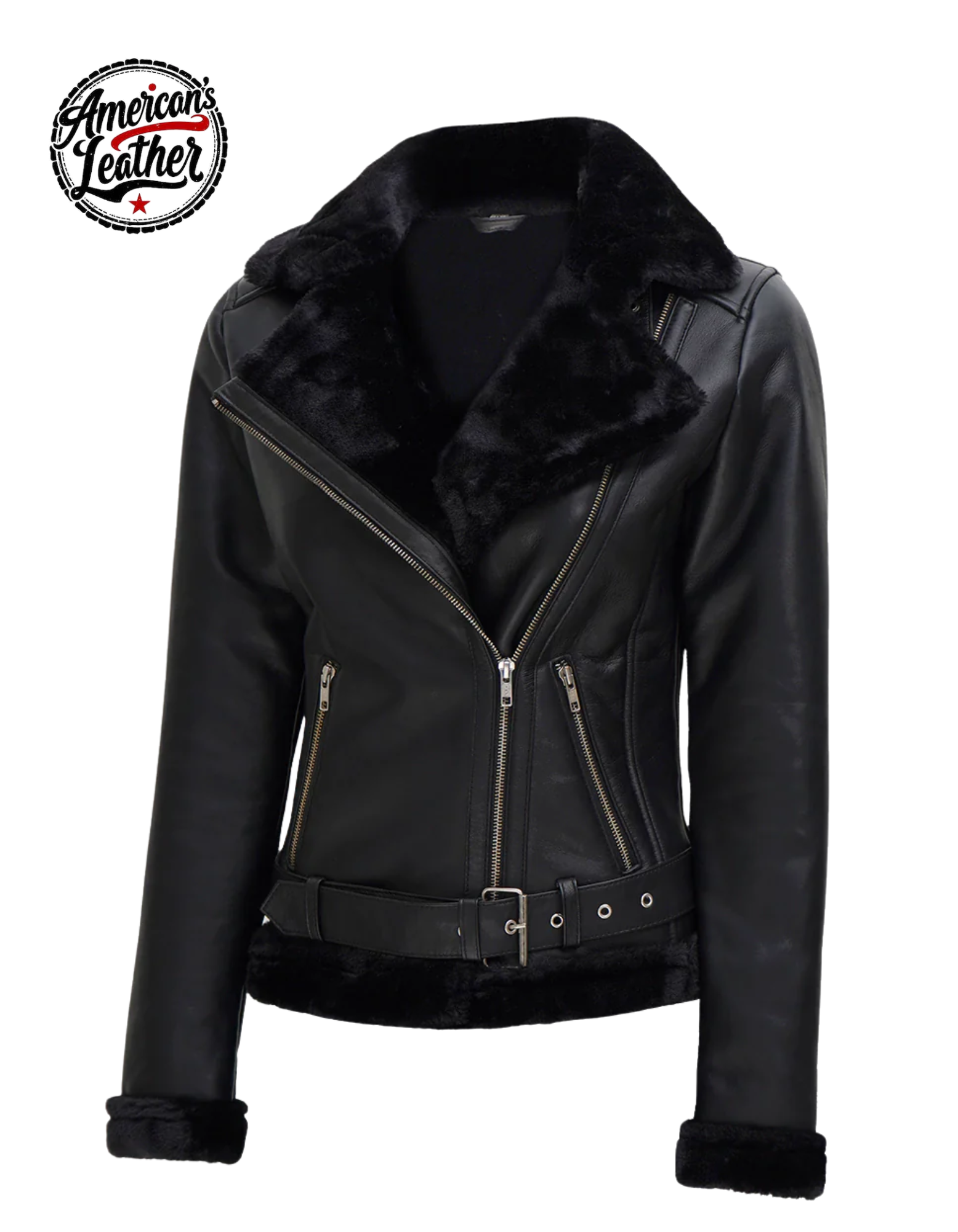 Women's Black Asymmetrical Shearling Leather Jacket
