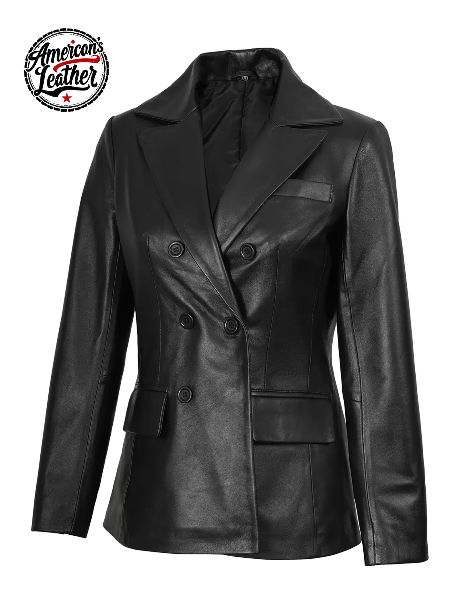 Women's Black Double Breasted Leather Blazer