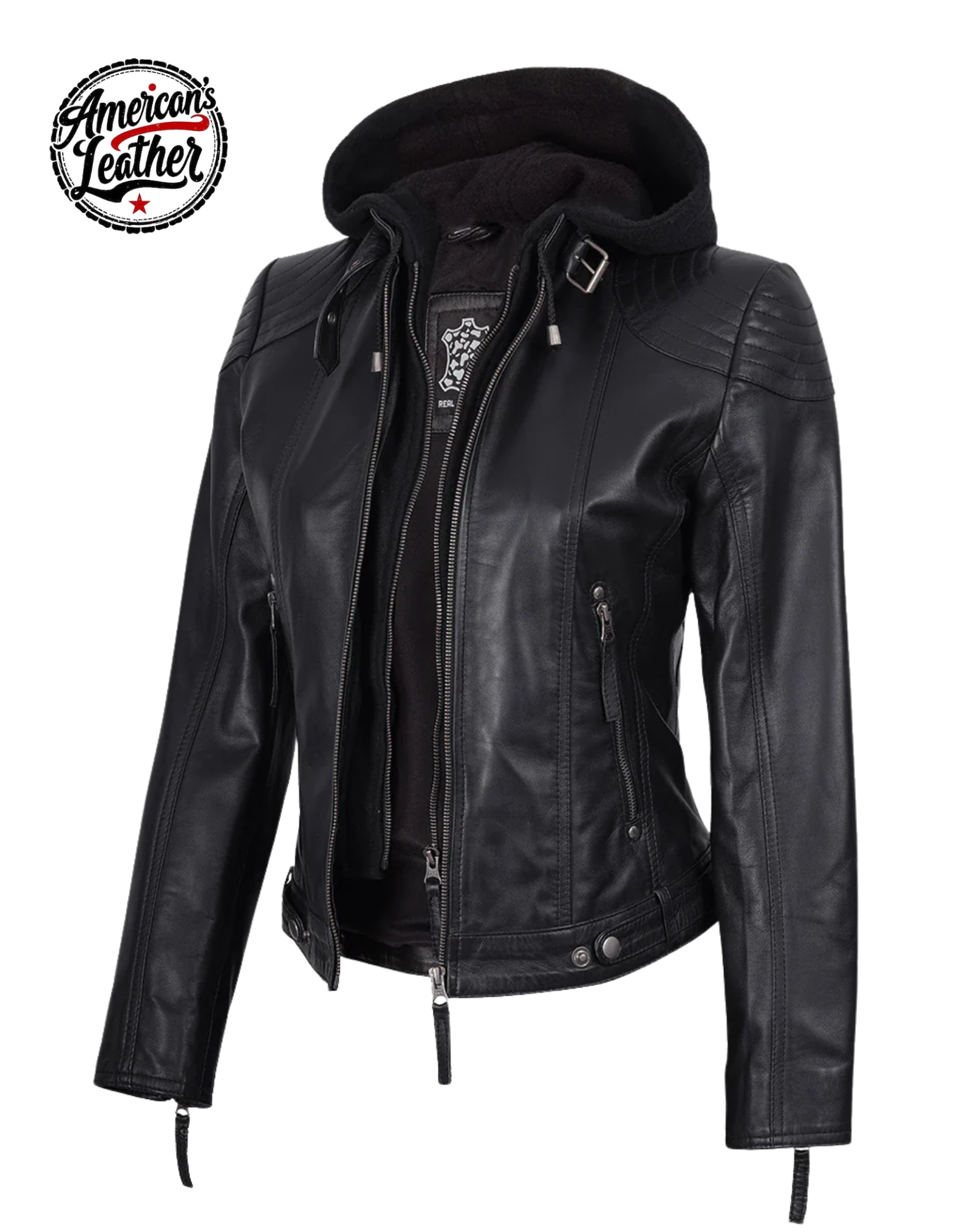 Women's Black Leather Jacket With Removable Hood