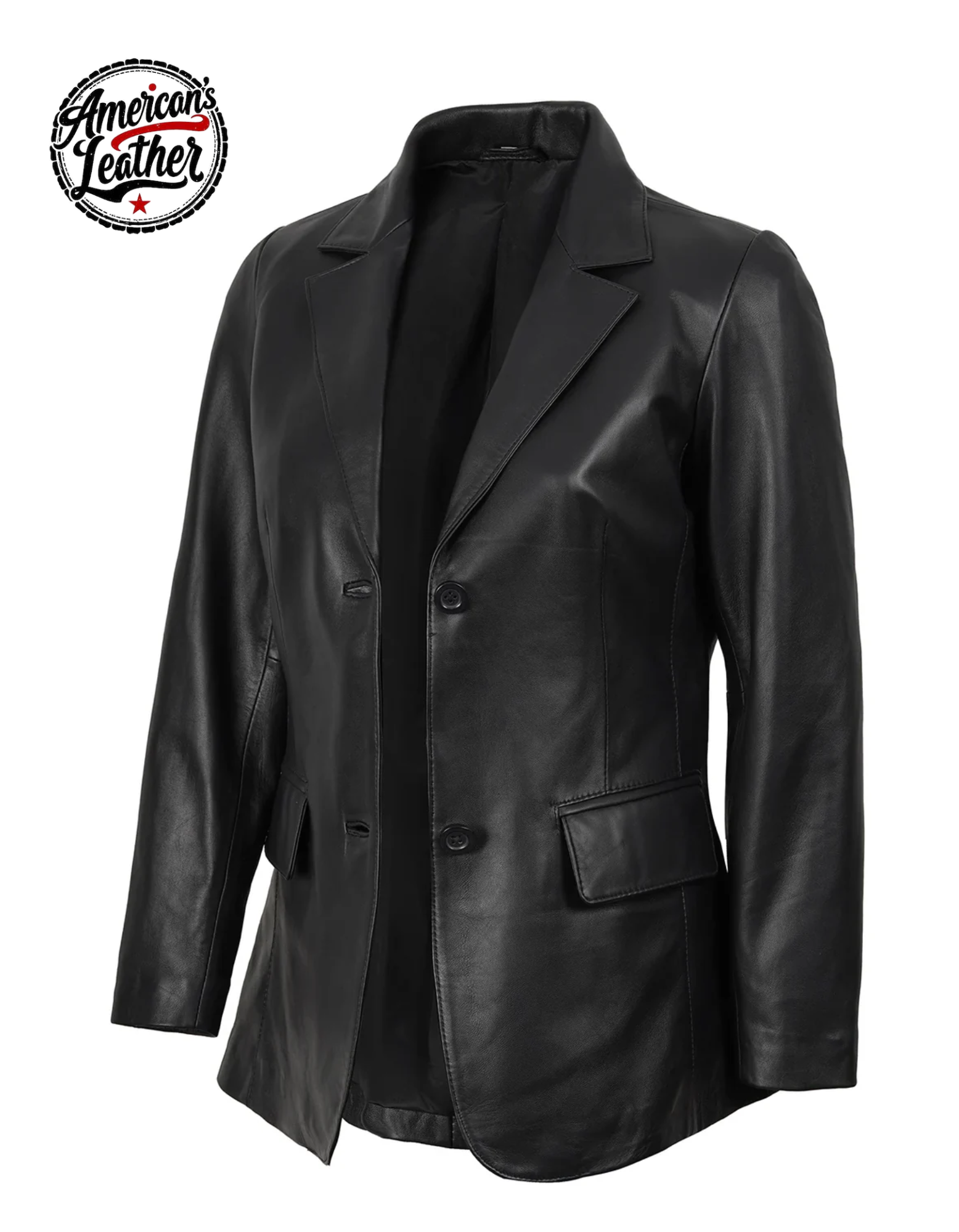 Women's Black Two Button Leather Blazer Jacket