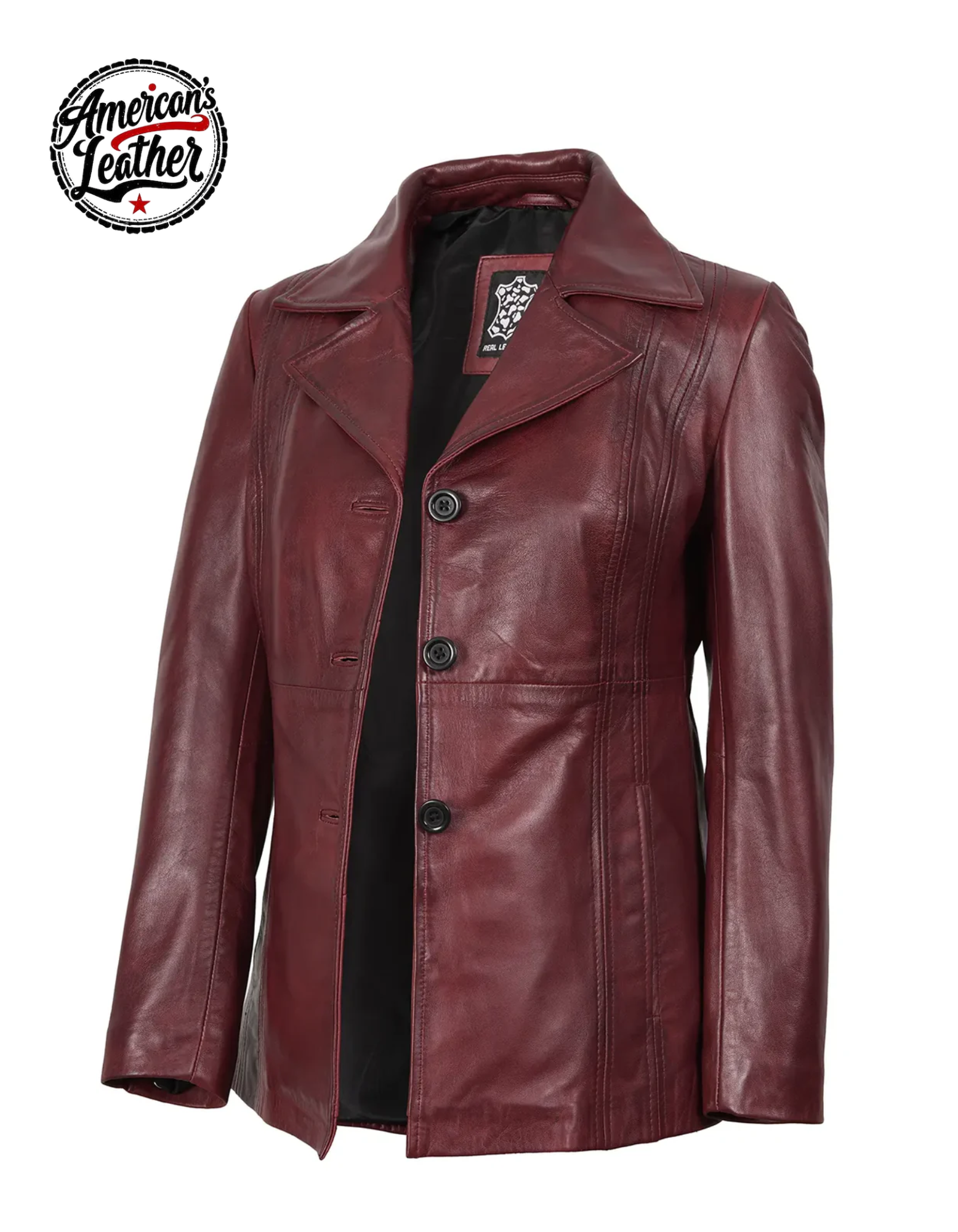 Women's Real Leather Burgundy Blazer with Three Button