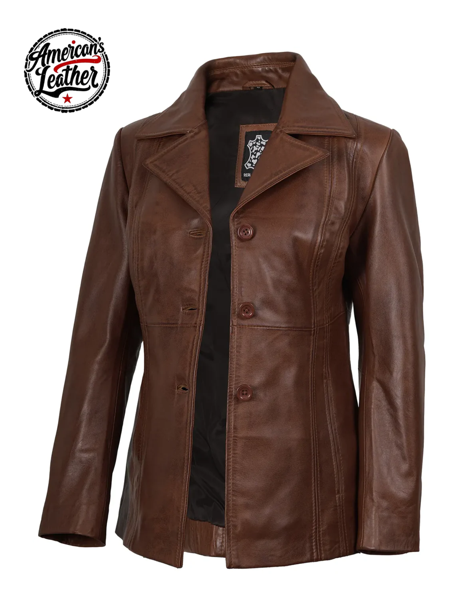 Women's Three Button Cognac Brown Leather Blazer