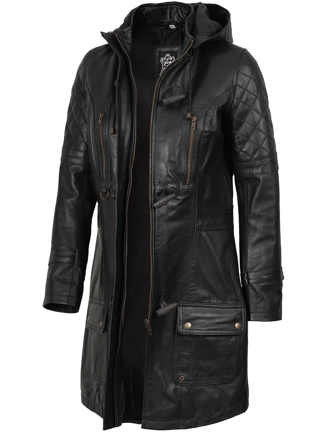 Women’s Black 3/4 Length Leather Coat With Hood