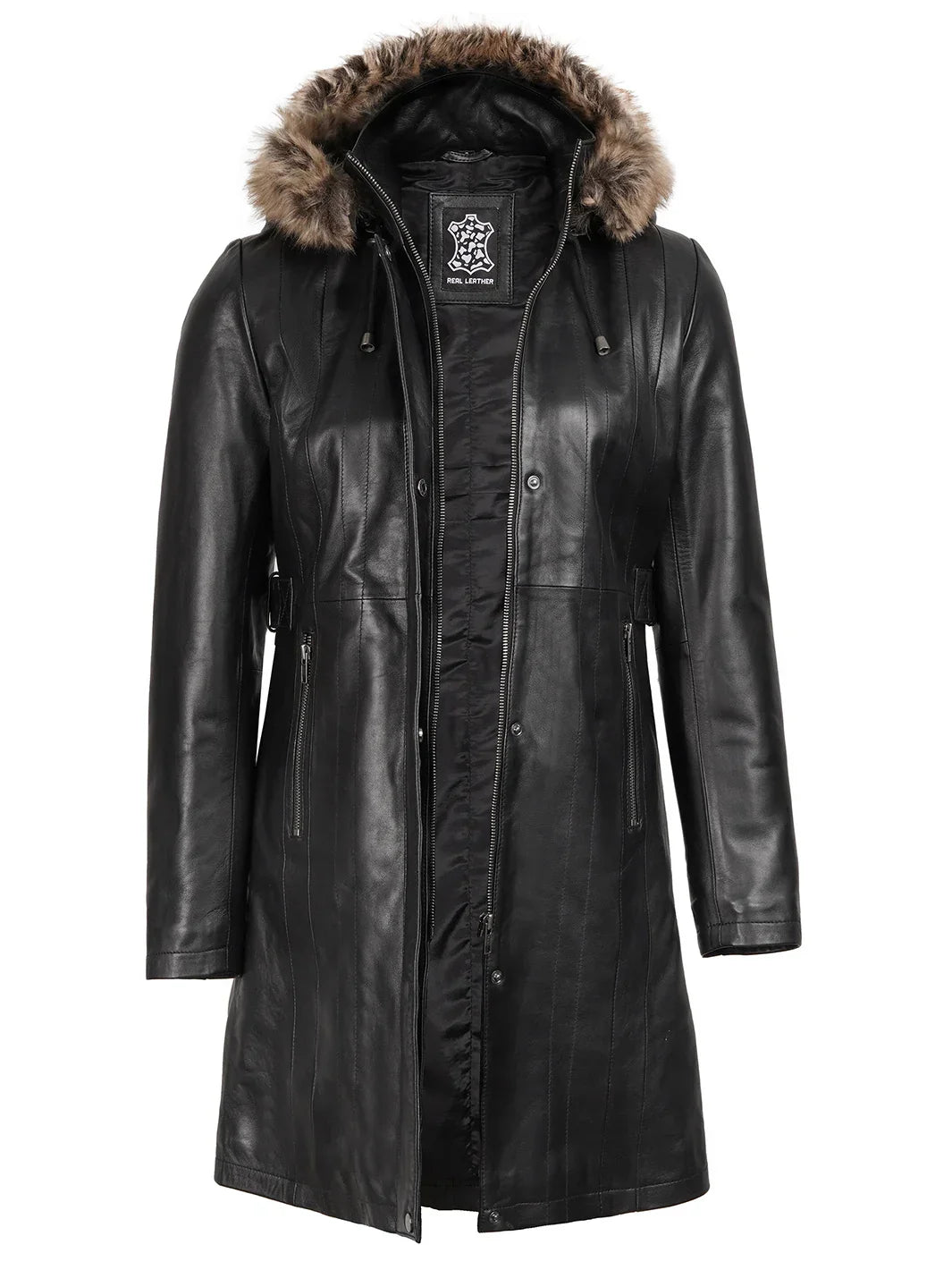 Women’s Black Real Lambskin Leather Hooded Shearling Coat