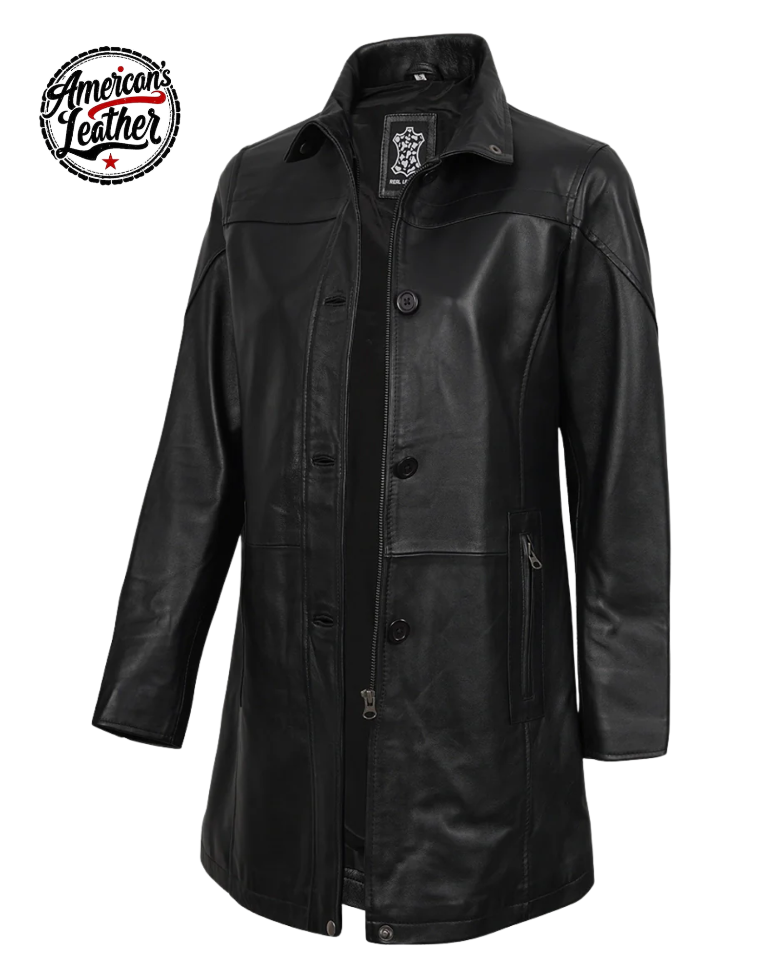 Womens Black 3/4 Length Real Leather Car Coat