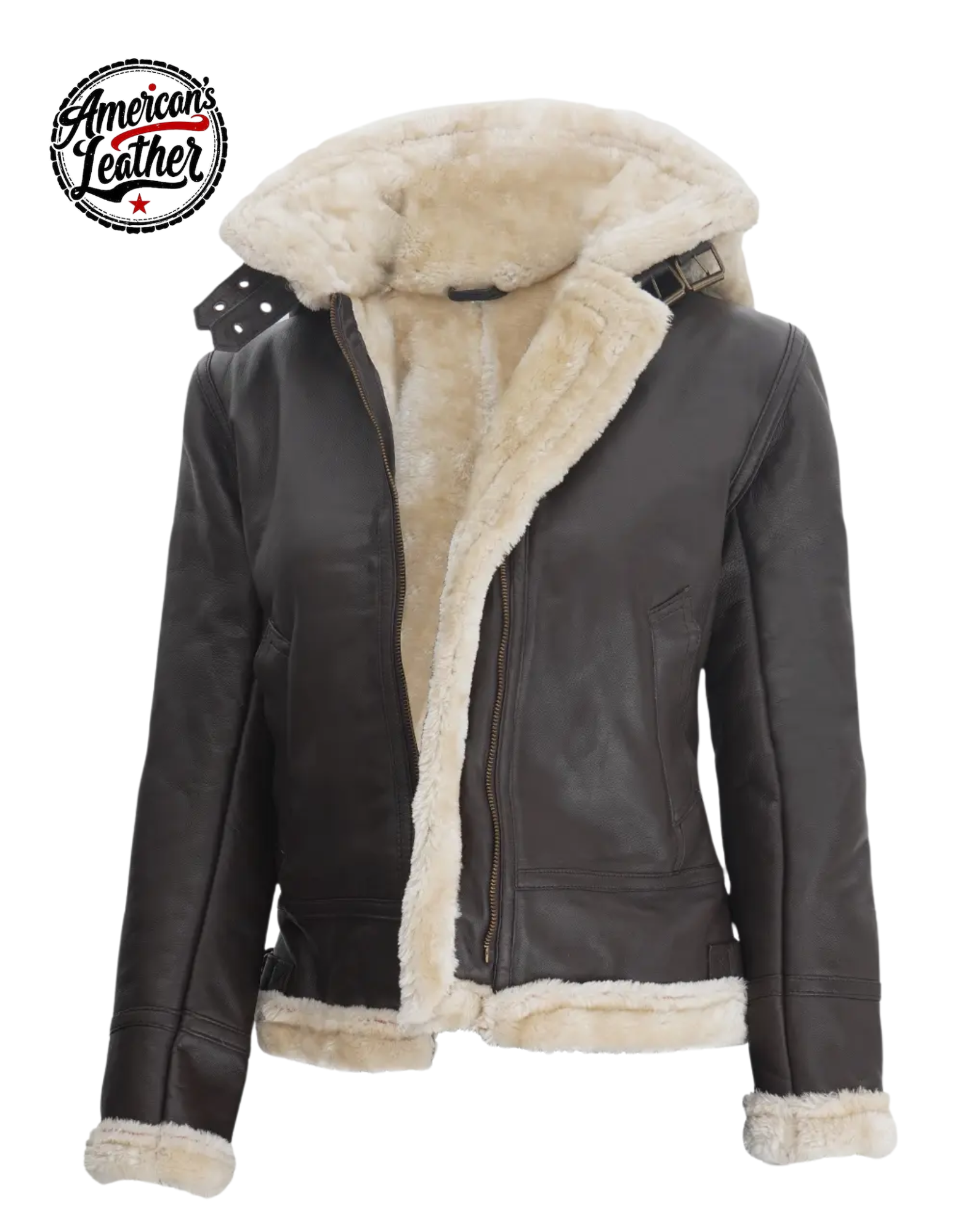 Womens Dark Brown Hooded Shearling Leather Jacket