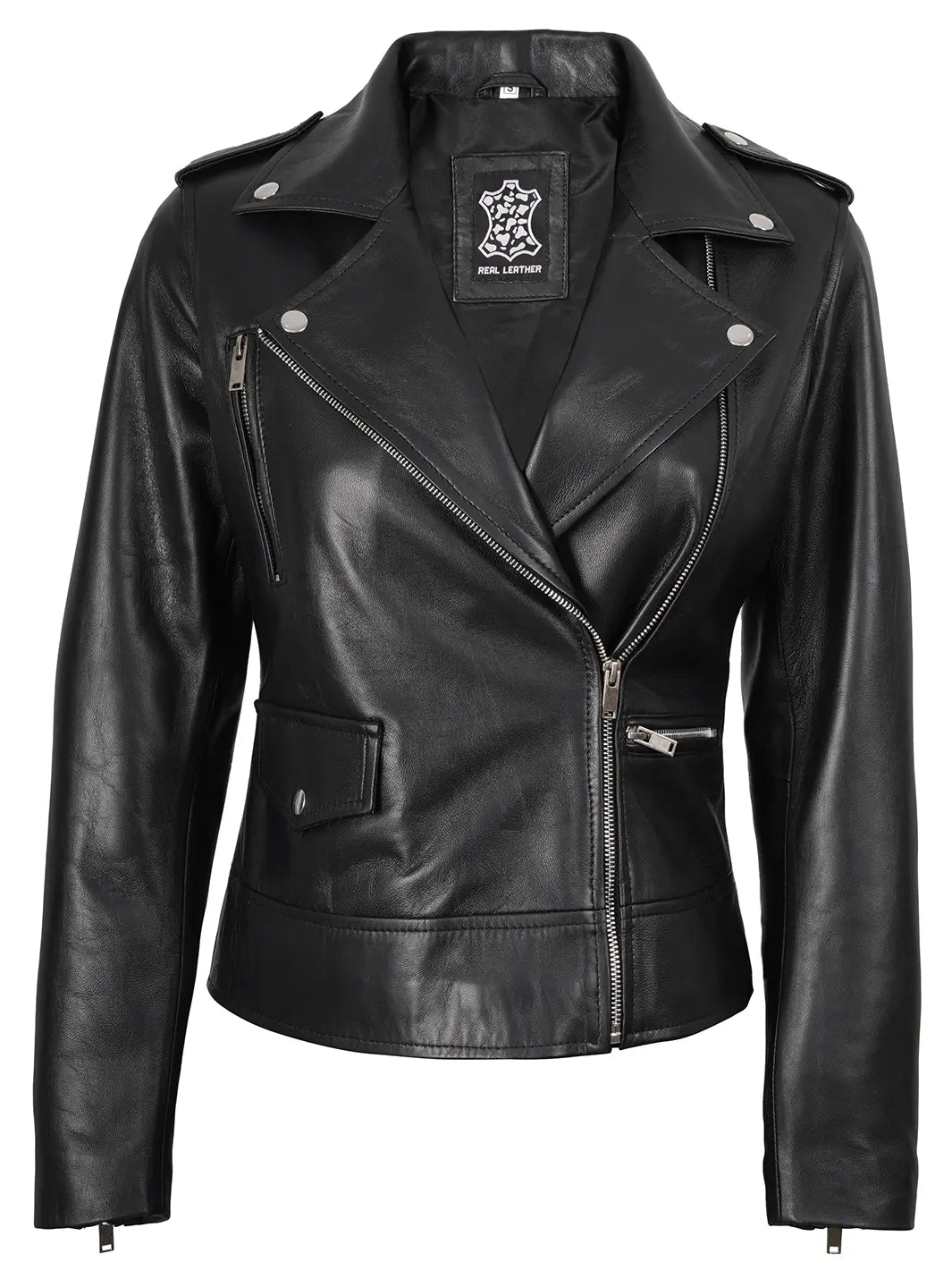Amber Womens Asymmetrical Black Biker Style Leather Jacket