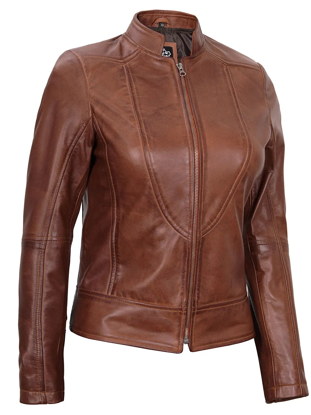 Amy Women Cognac Brown Cafe Racer Leather Jacket