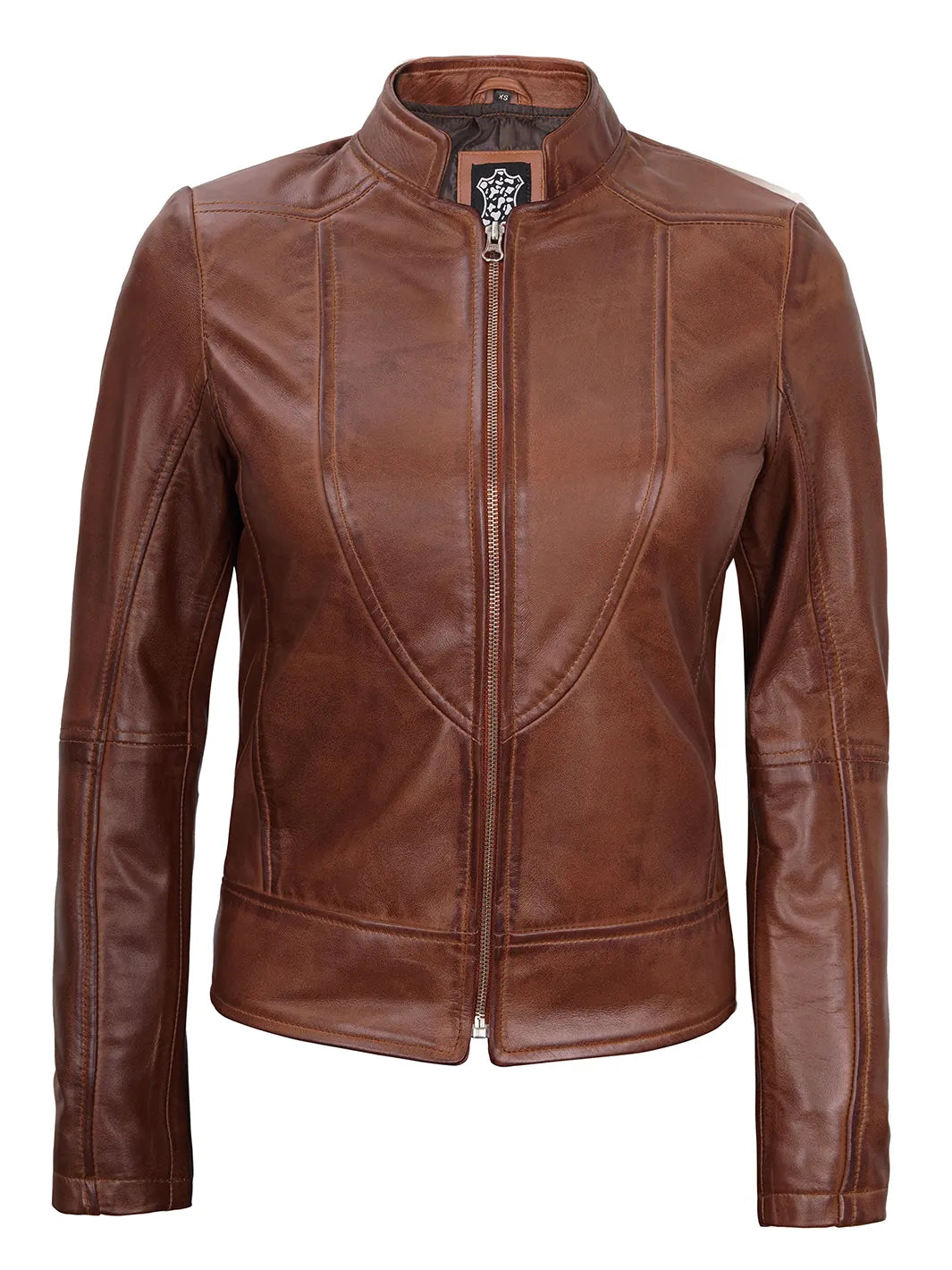 Amy Women Cognac Brown Cafe Racer Leather Jacket