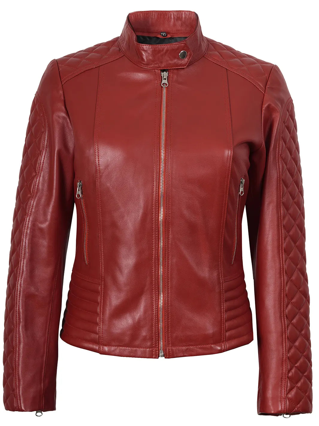 Womens Red Quilted Cafe Racer Leather Jacket