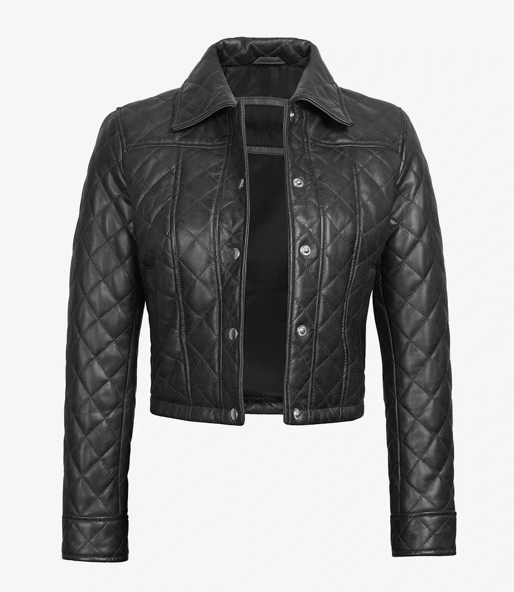 Womens Quilted Black Cropped Leather Jacket