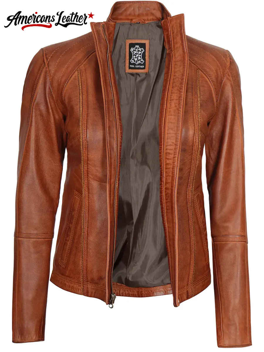 Acerra Womens Cognac Cafe Racer Biker Leather Jacket