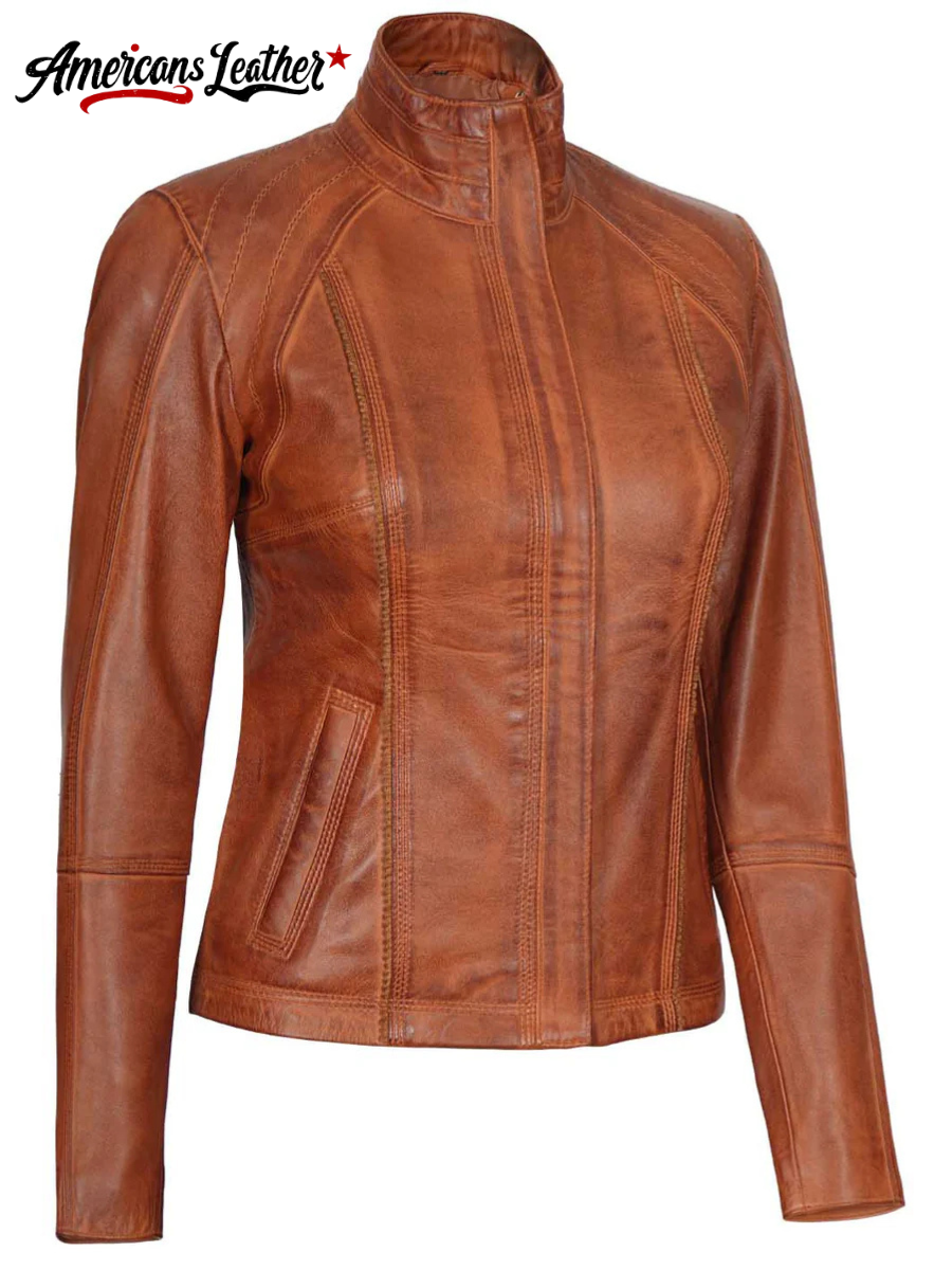 Acerra Womens Cognac Cafe Racer Biker Leather Jacket