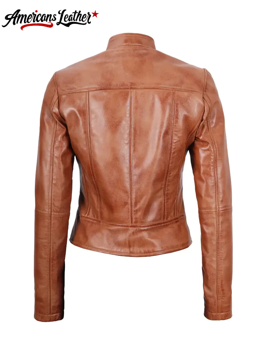 Amy Petite Womens Motocycle Tan Leather Jacket