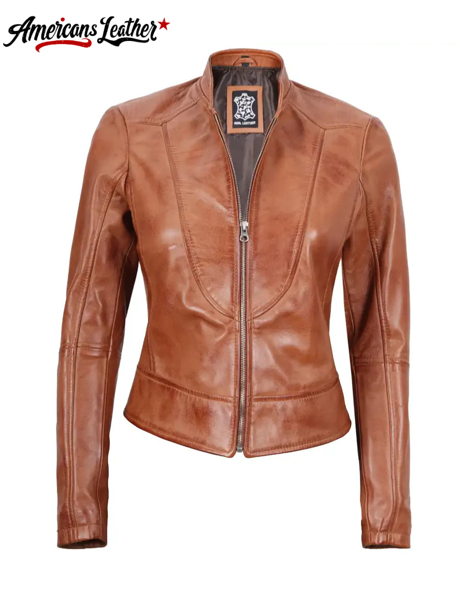 Amy Petite Womens Motocycle Tan Leather Jacket