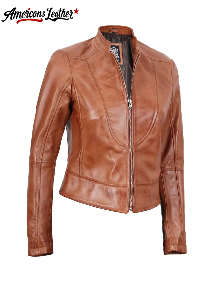 Amy Petite Womens Motocycle Tan Leather Jacket
