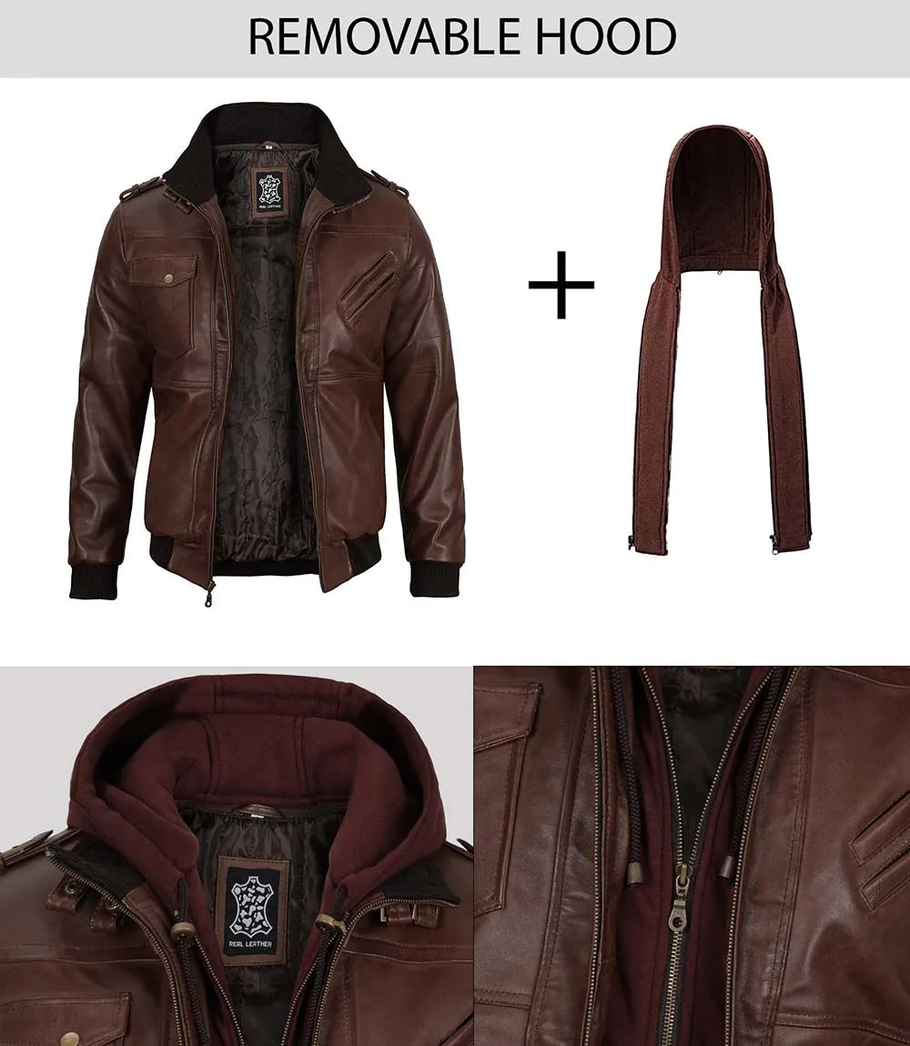 Tall Mens Bomber Dark Brown Removable Hooded Leather Jacket