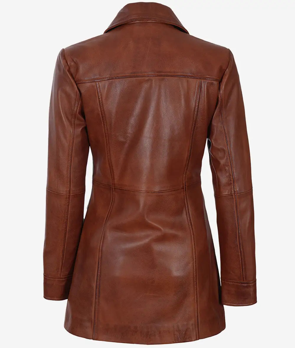 Womens Petite Cognac Brown Leather 3/4 Length Coat