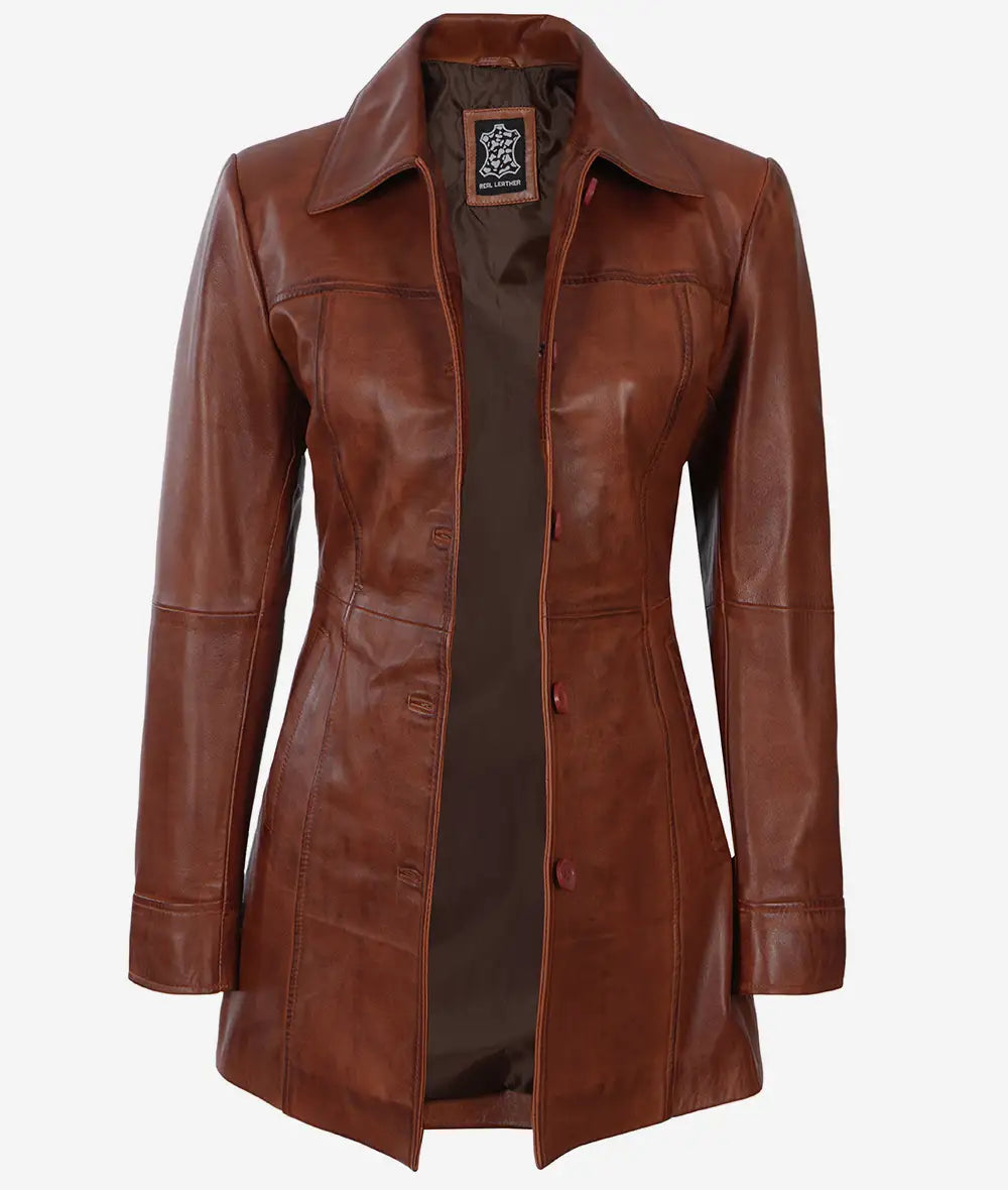 Womens Petite Cognac Brown Leather 3/4 Length Coat