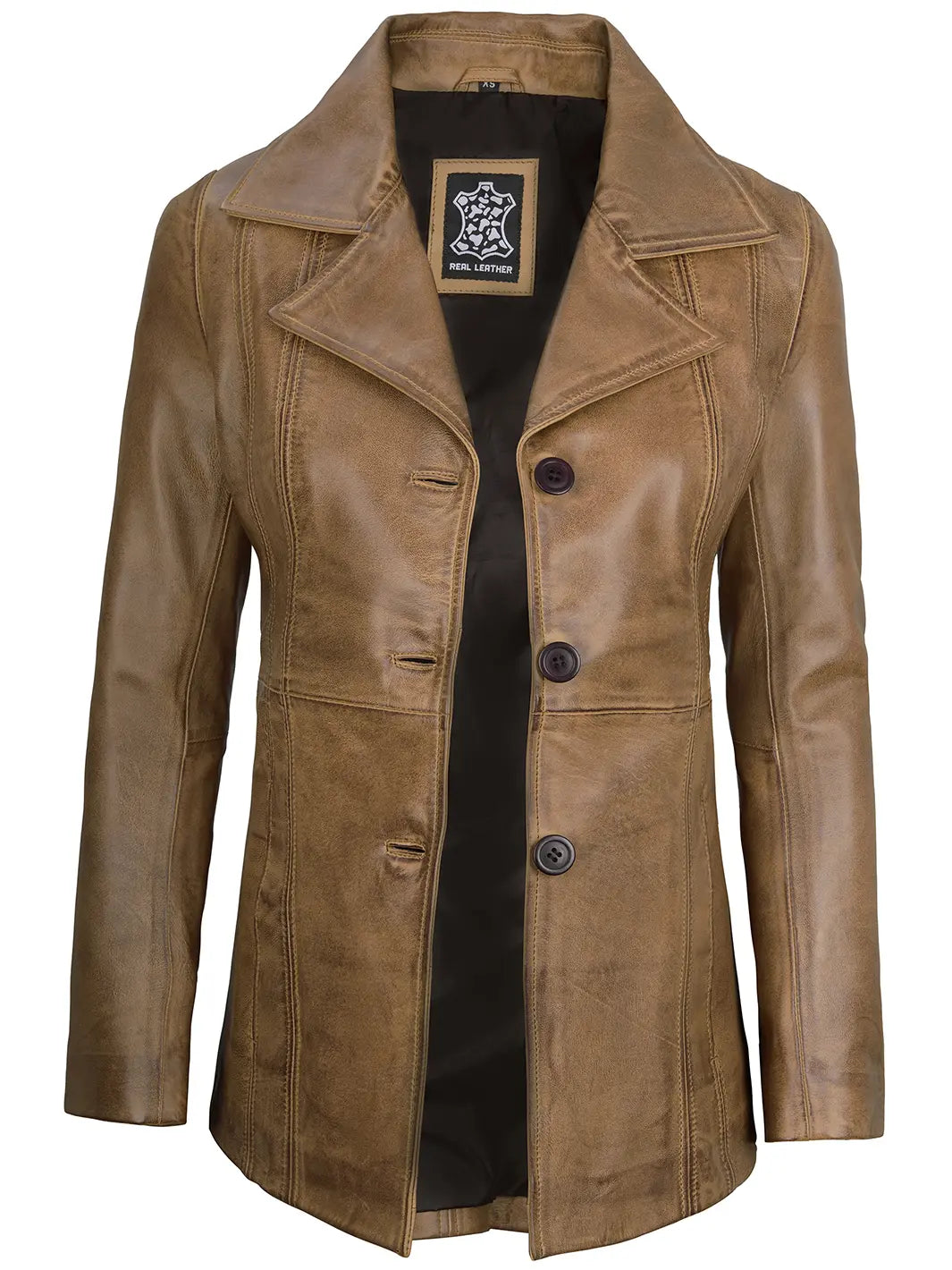 Women’s Camel Three Button Lambskin Leather Jacket