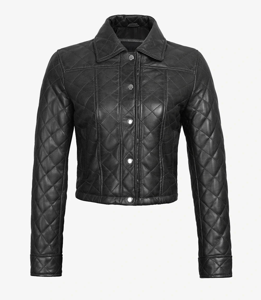 Womens Quilted Black Cropped Leather Jacket
