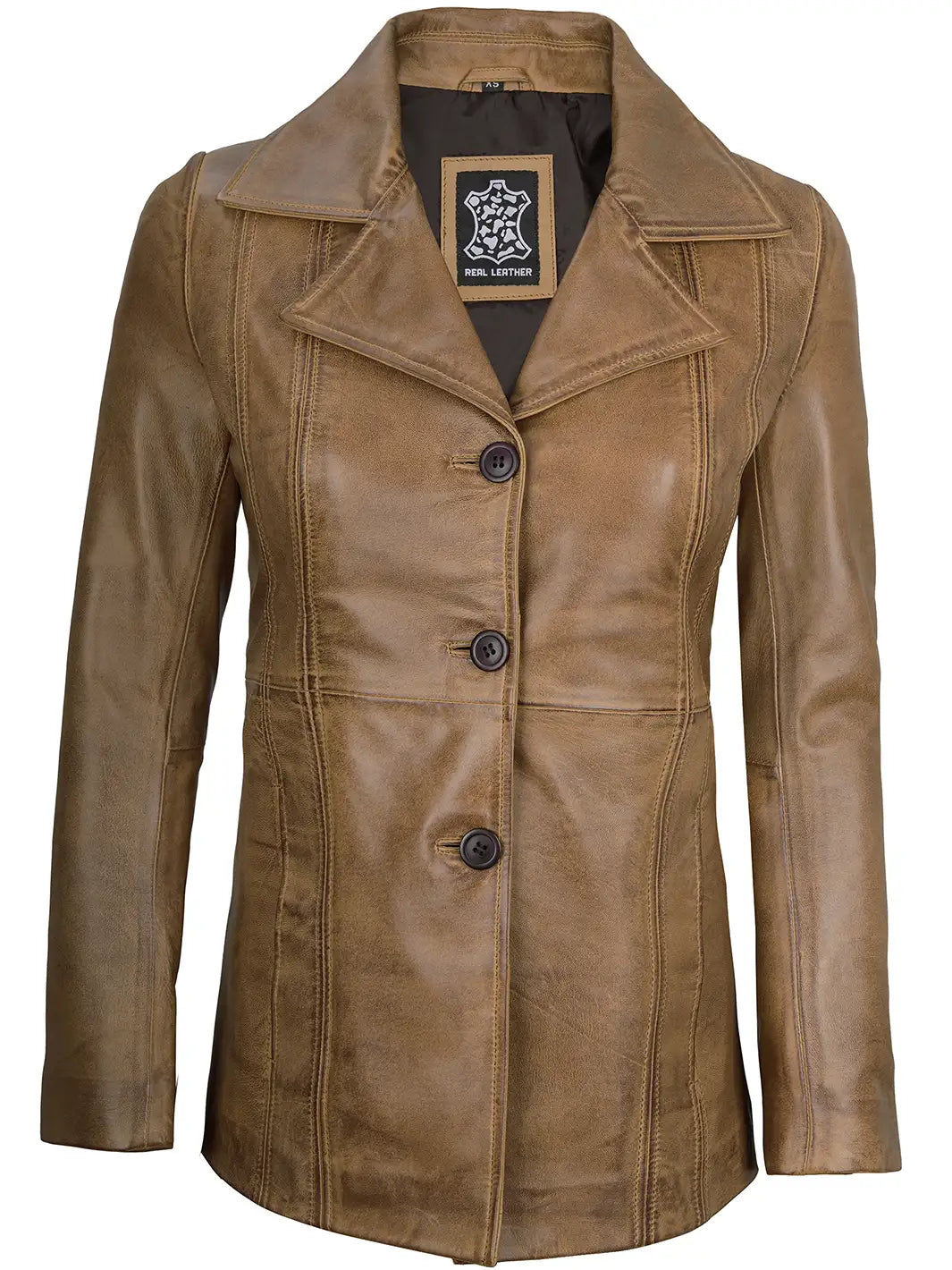 Women’s Camel Three Button Lambskin Leather Jacket