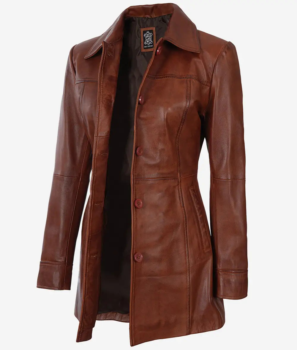 Womens Petite Cognac Brown Leather 3/4 Length Coat