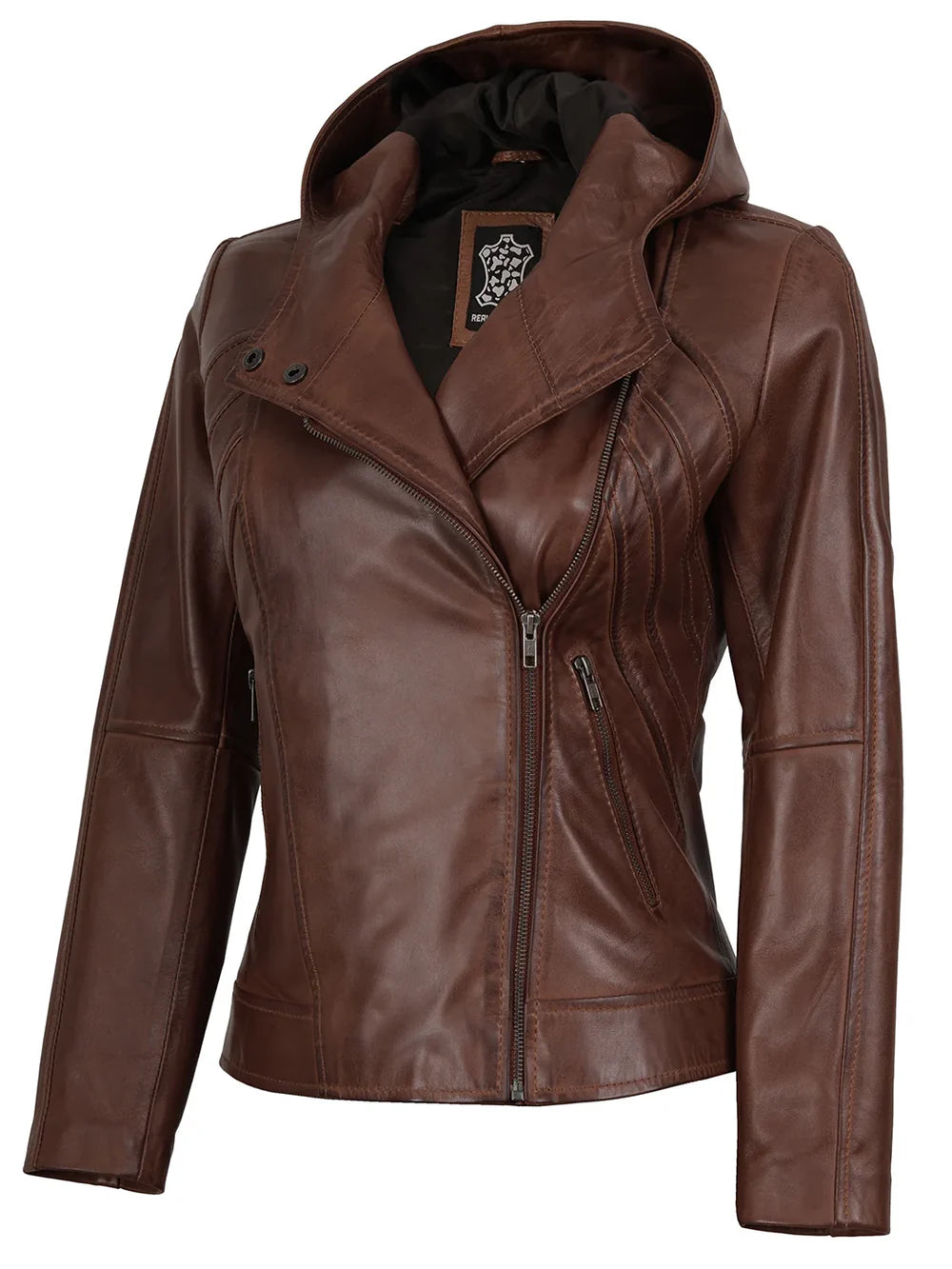 Cidra Women Asymmetrical Brown Hooded Leather Jacket