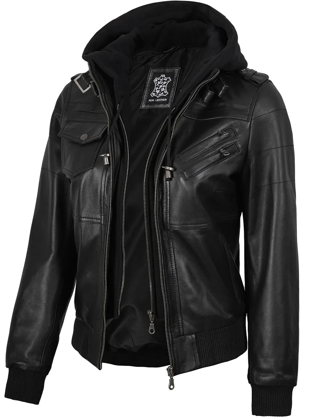 Real Leather Women's Bomber Black Jacket with Removable Hood