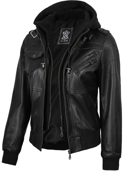 Real Leather Women's Bomber Black Jacket with Removable Hood