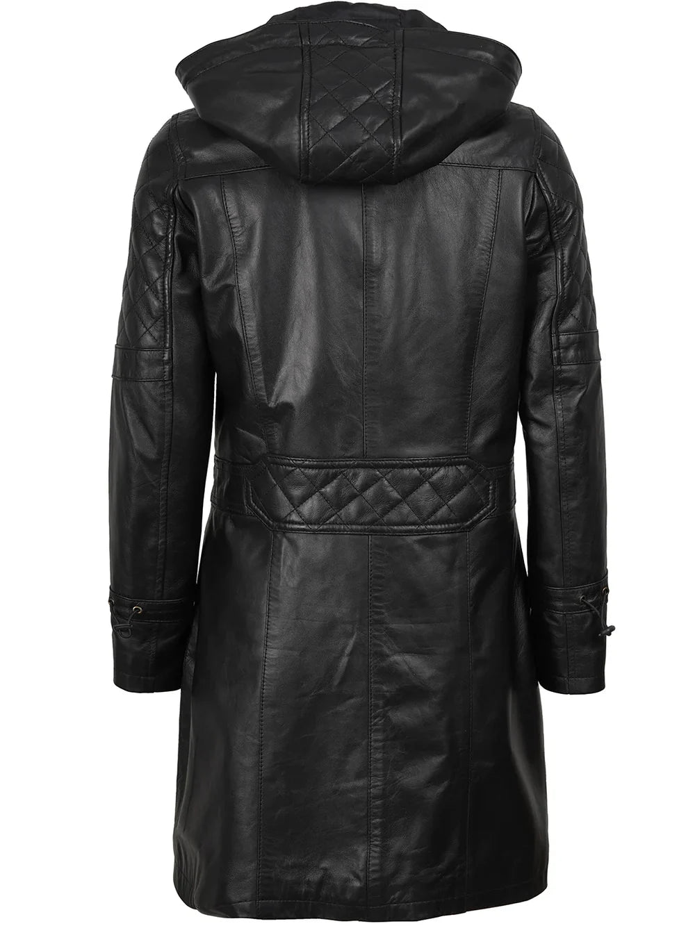 Women’s Black 3/4 Length Leather Coat With Removable Hood