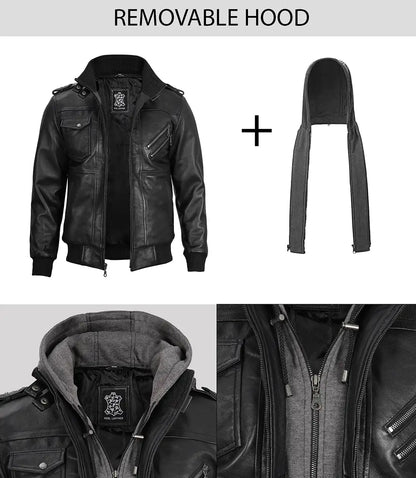 Men's Black Bomber Leather Jacket with Removable Hood