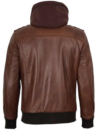 Edinburgh Mens Brown Bomber Leather Jacket With Removable Hood
