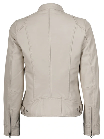 Dodge Women's Off White Cafe Racer Leather Jacket