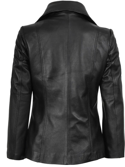 Women's Black Two Button Leather Blazer Jacket