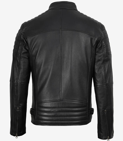 Men’s Real Leather Cafe Racer Jacket with Padded Shoulders