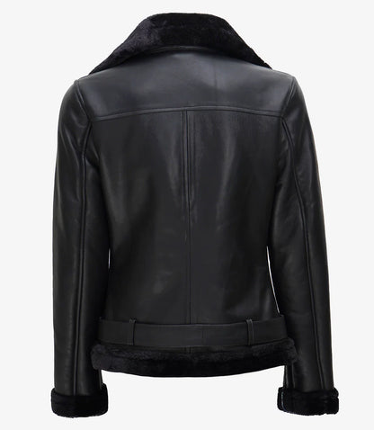 Women's Black Asymmetrical Shearling Leather Jacket