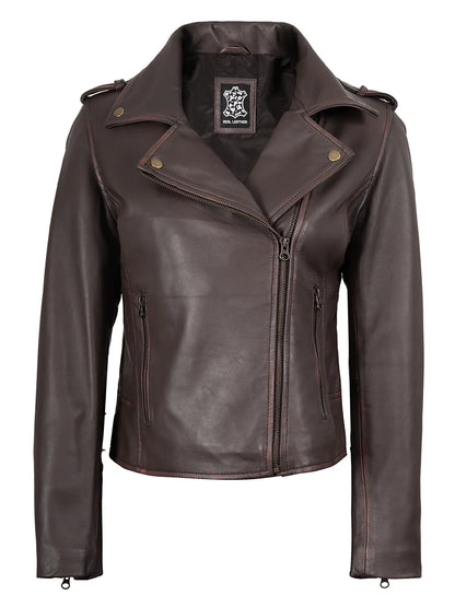 Women's Dark Brown Asymmetrical Leather Biker Jacket