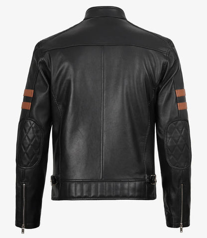 Mens Black Biker Style Leather Jacket with Tan Accent Stripes