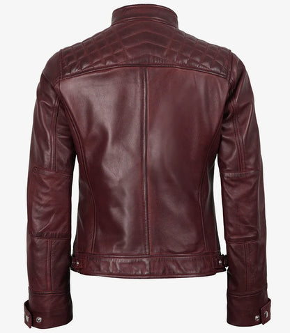 Johnson Women's Burgundy Quilted Cafe Racer Leather Jacket