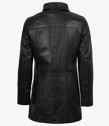 Womens Black 3/4 Length Real Leather Car Coat