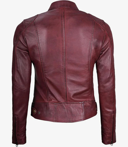 Dodge Womens Burgundy Leather Jacket Cafe Racer