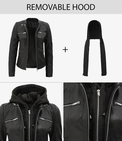 Women's Black Leather Jacket With Removable Hood