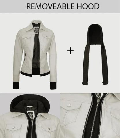 Womens Off White Biker Style Leather Jacket with Hood