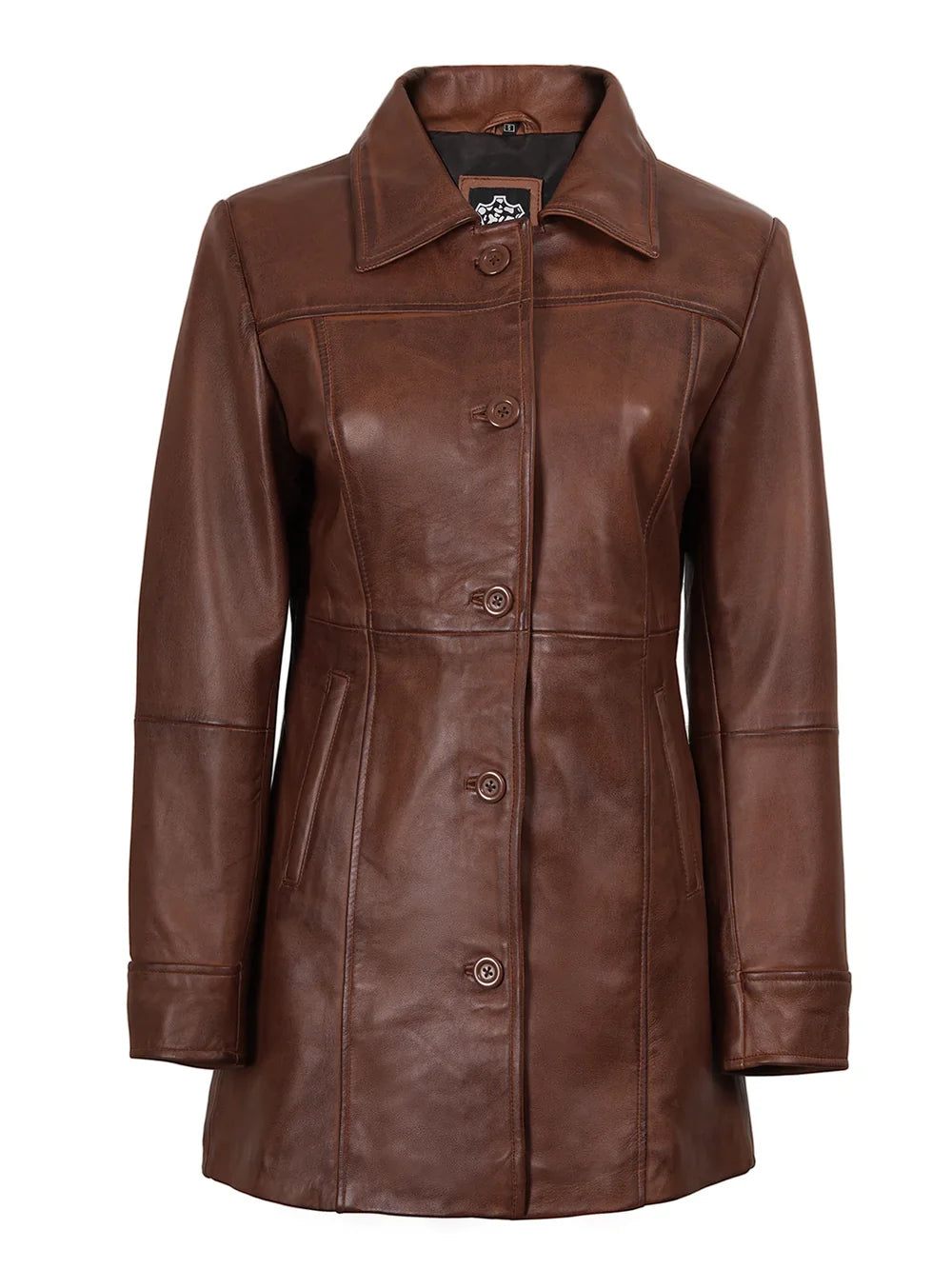Kandis Women's Cognac Brown Leather Car Coat